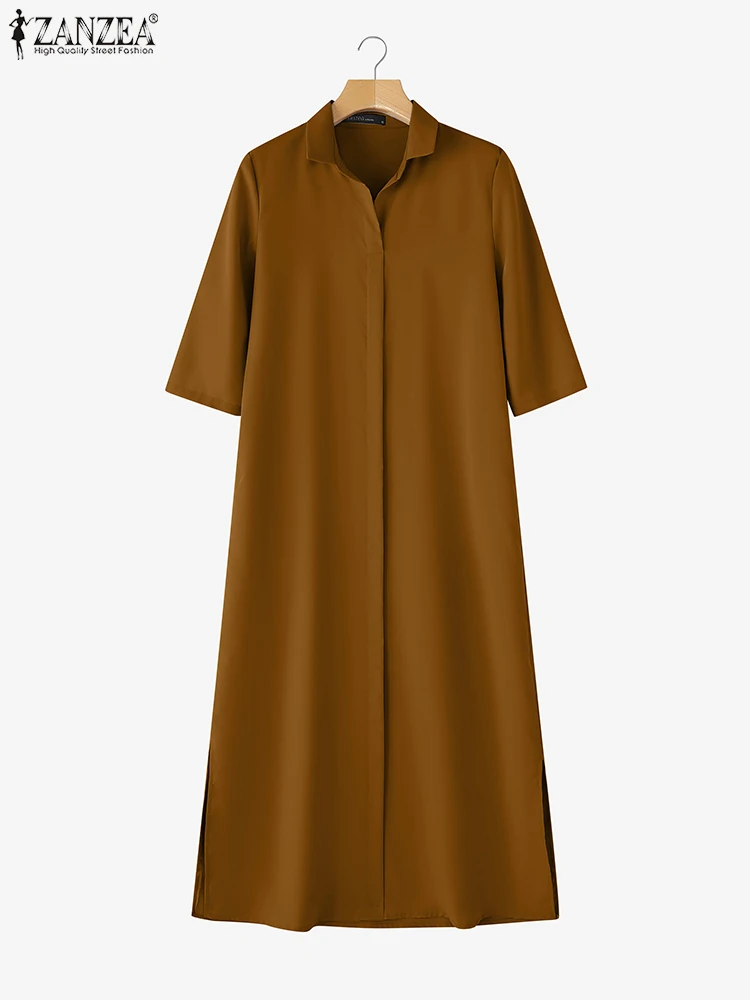 ZANZEA-vestido veraniego de trabajo con solapa para mujer, vestido camisero de moda de otoño 2025, Vestidos OL lisos elegantes, bata Midi informal con botones