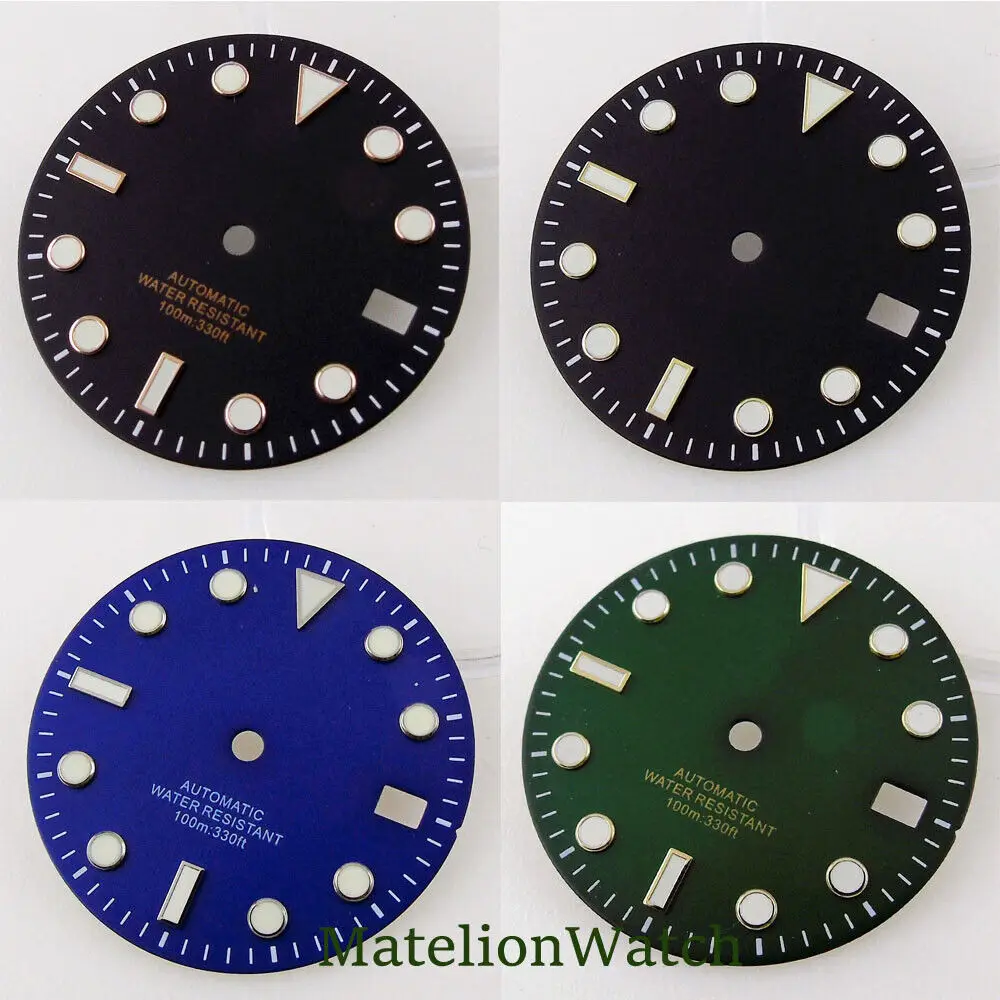 

Fits NH35A Movement 29mm Black/Blue/Green Sterile Watch Dial Date Luminous