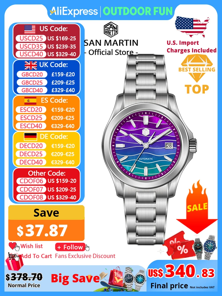 San Martin oficial nuevo 39mm Color degradado empalme MOP Dial Miyota 9015 hombres reloj mecánico automático impermeable 100m SN0150