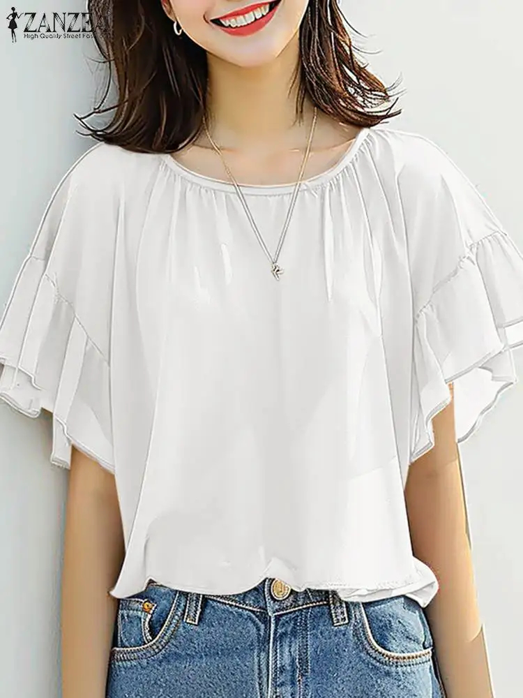 ZANZEA Women Chiffon Blouse Korean Casual Ruffle Short Sleeve Tops Shirt Elegant Ruffle Hem Blusas 2024 Summer Fashion Tunics