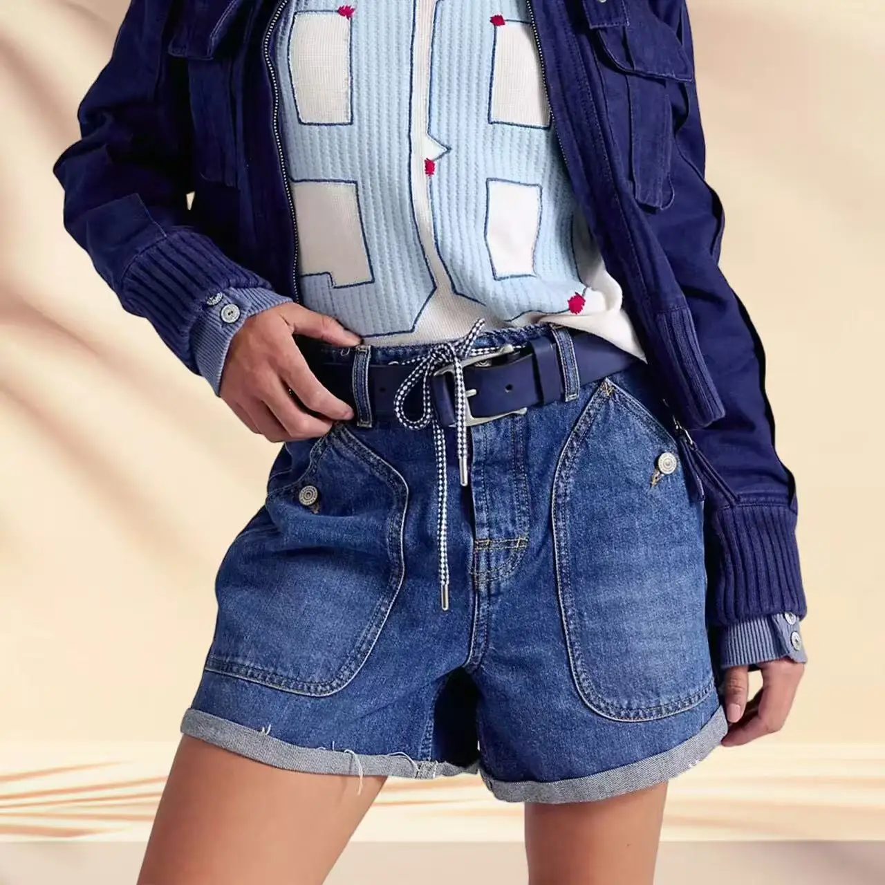 

Womens Baggy Denim Shorts Y2K Vintage Drawstring Waist Wide Leg Denim Shorts Summer Loose Fit Shorts 90s Streetwear