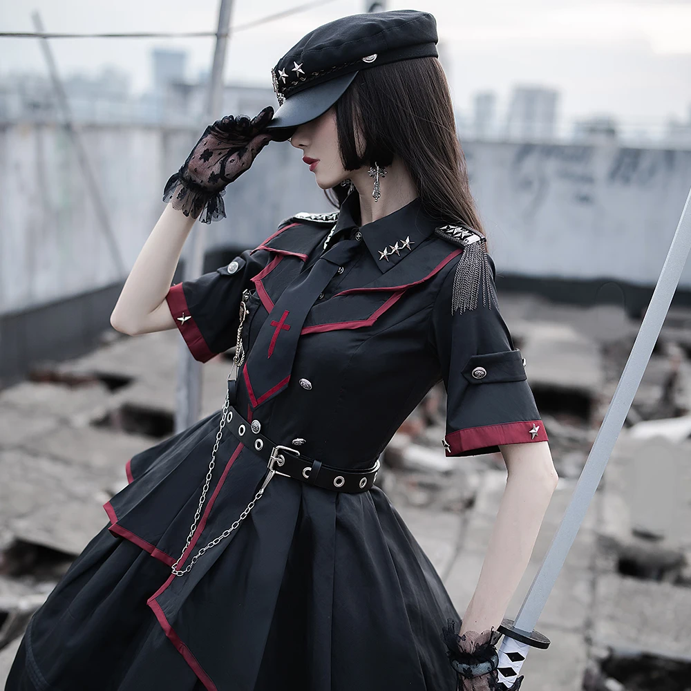 Melonshow Military Uniform Dress Black Japanese Gothic Lolita Skirt Victorian Dresses Women Kawaii Princess Dress