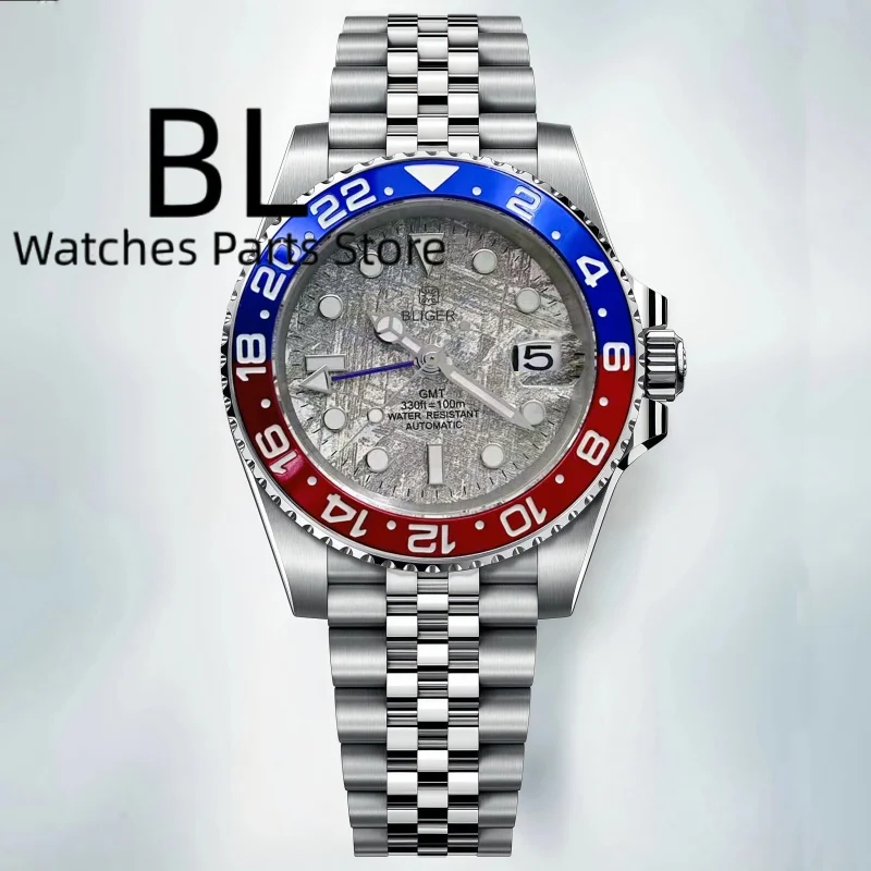 BLIGER 40mm Meteorite Modello Quadrante Orologio Per Gli Uomini Nuovo Curvo NH34 GMT Relogio Masculino Gradiente Blu Lunetta Inserto Vetro Zaffiro