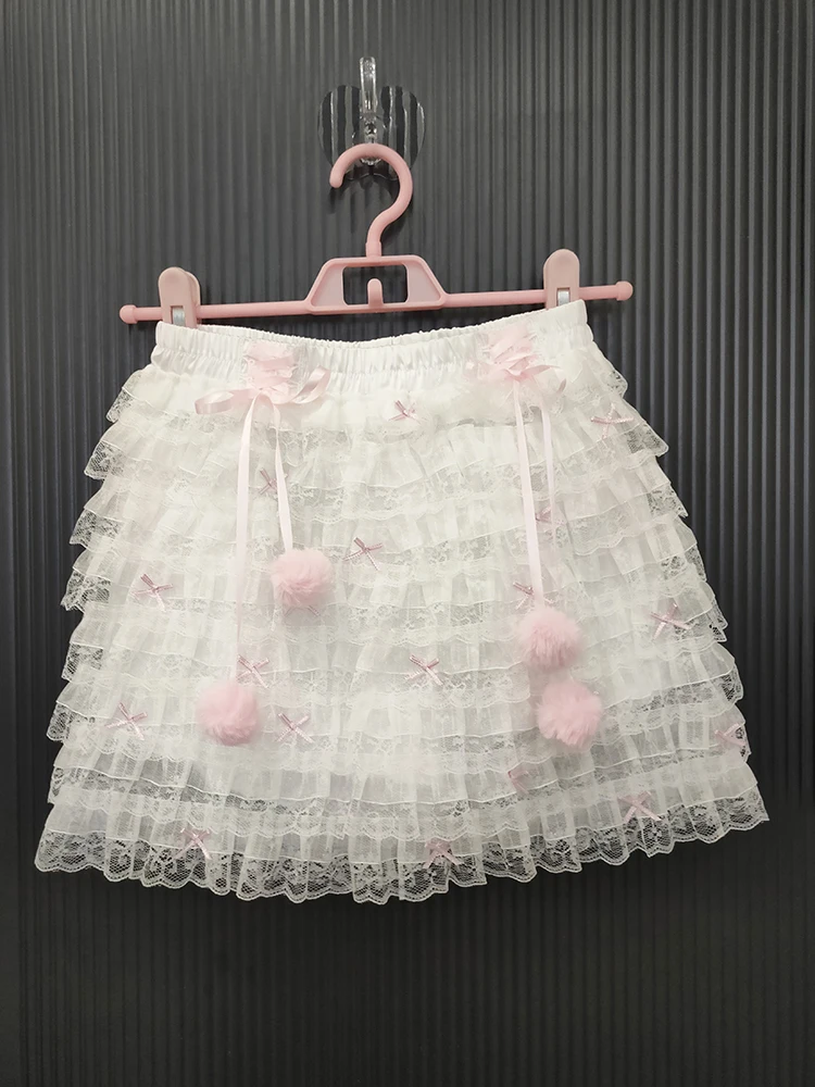 Faldas de encaje de múltiples capas para niñas dulces, decoración de lazos de verano, cintura elástica, estilo Lolita, pantalones cortos de pastel, falda para mujer