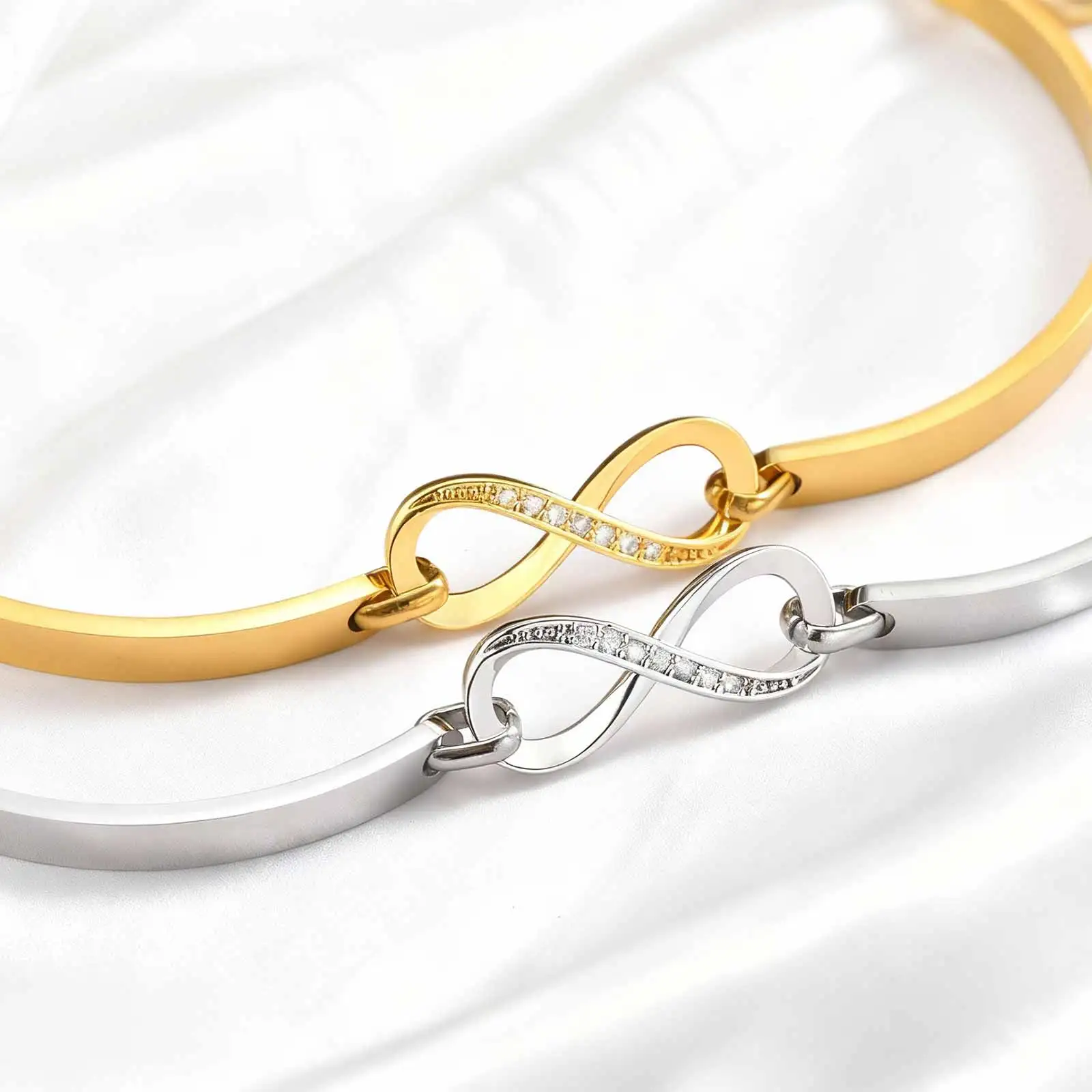 Luxury Zircon Endless Love Infinity Symbol Bracelet for Women, Stainless Steel Adjustable Bangle, Fashion Party Jewelry Gifts