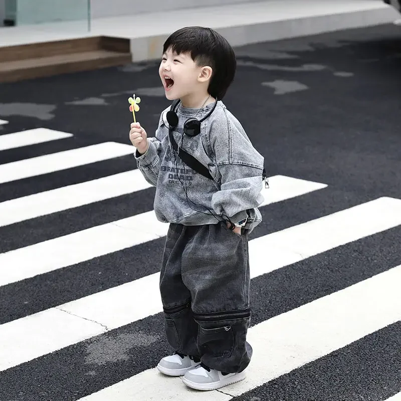 Fashion Spring Autumn Kids Tshirt+Jean Pants 2Pcs Sets Boys Streetwear Cargo Hip Long Sleeve Childrens Casual clothing Outdoors