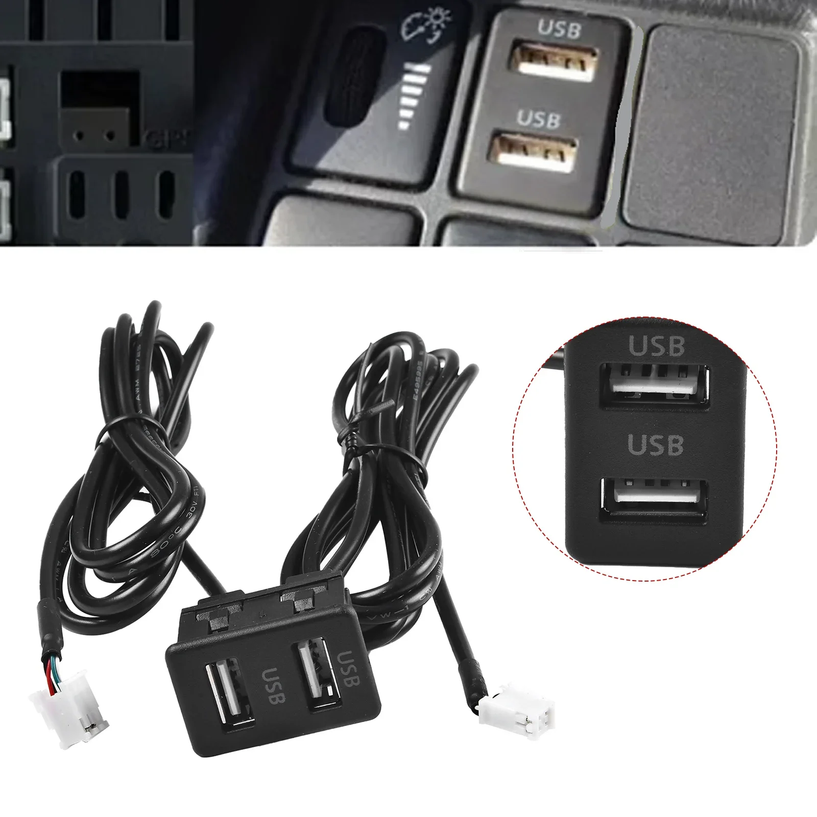 

Auto Dashboard USB Socket Dash Mount Dual USB Port Panel Interface Extension Black ABS 145cm Cable Adapter 4pin+6pin 3.4*2.2cm