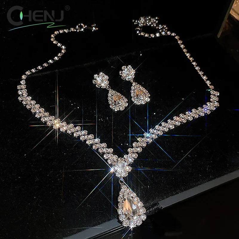 1 مجموعة بسيطة موضة قطرة الماء كريستال الراين قلادة طقم أقراط للنساء الزفاف العروس مجموعات مجوهرات اكسسوارات #2