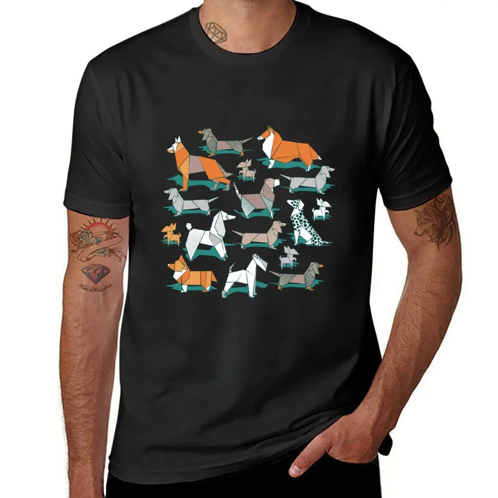 Fabric by the Yard Origami doggie friends // green background paper Chihuahuas Dachshunds Corgis Beagles German Shepherd T-Shirt