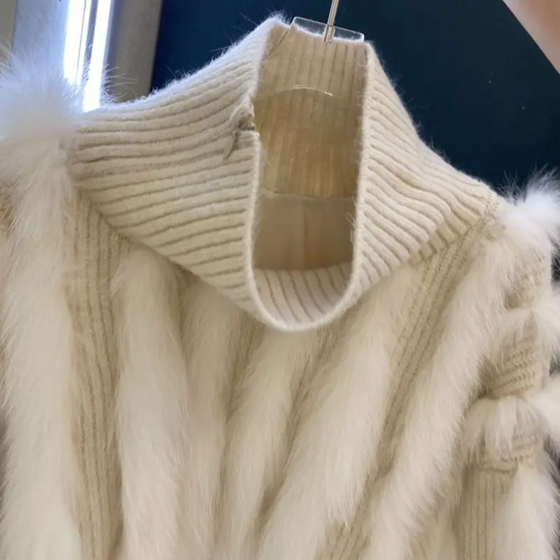 Women Fall Winter Faux Fox Fur Striped Sewed Turtleneck Pullovers Thickened Knitted Sweater High Waist Lace Up Sleeve Knitwear