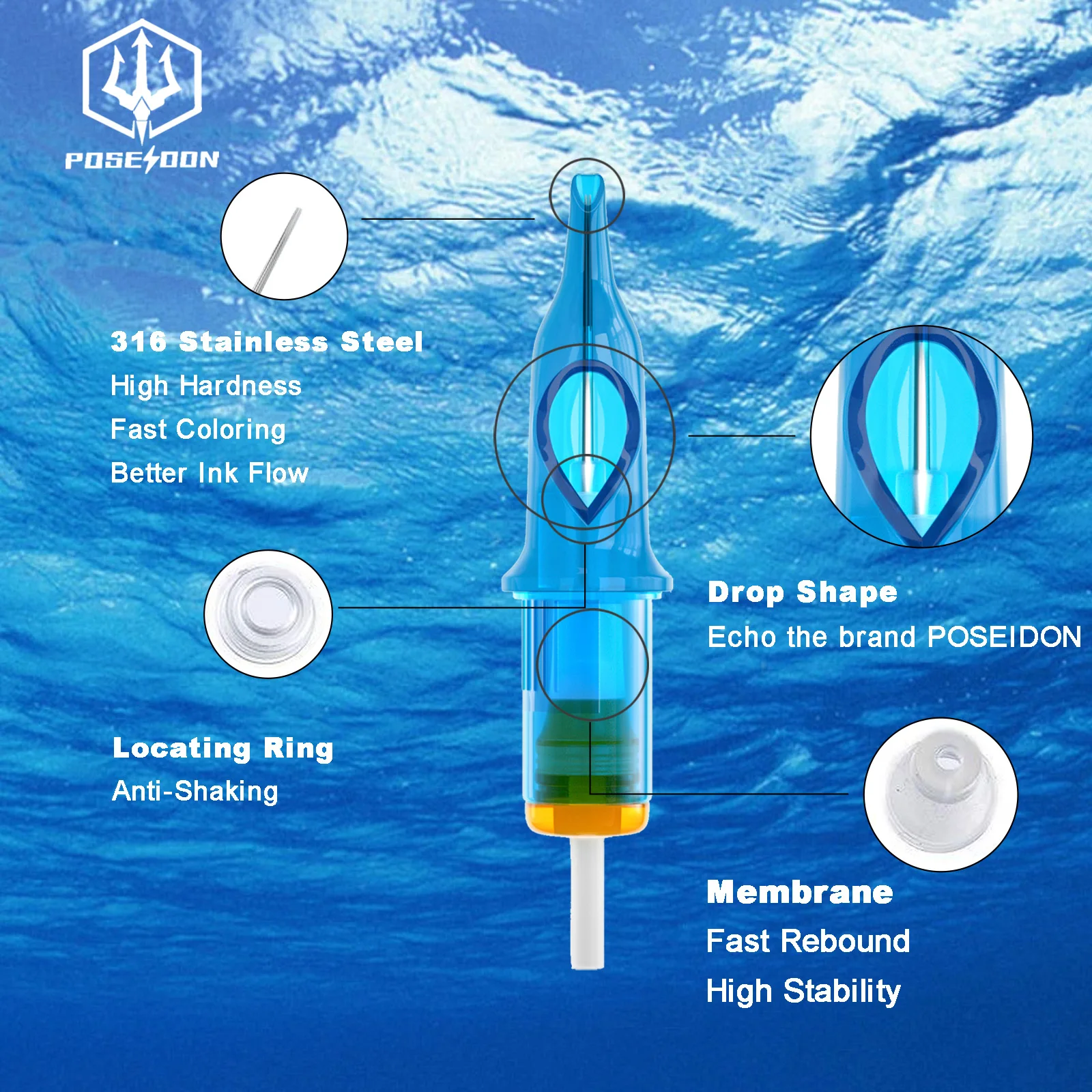 إبر خرطوشة الوشم من POSEIDON مع خراطيش أمان غشائية، إبرة وشم يمكن التخلص منها لفناني الوشم، بطانة مستديرة