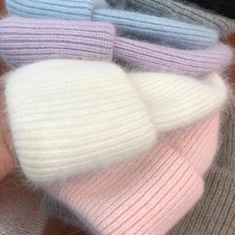 

Unisex Rabbit Fur Beanies Women Men Windproof Coldproof Pullover Cap Winter Keep Warm Solid Color Knitted Skiing Bonnet Skullies