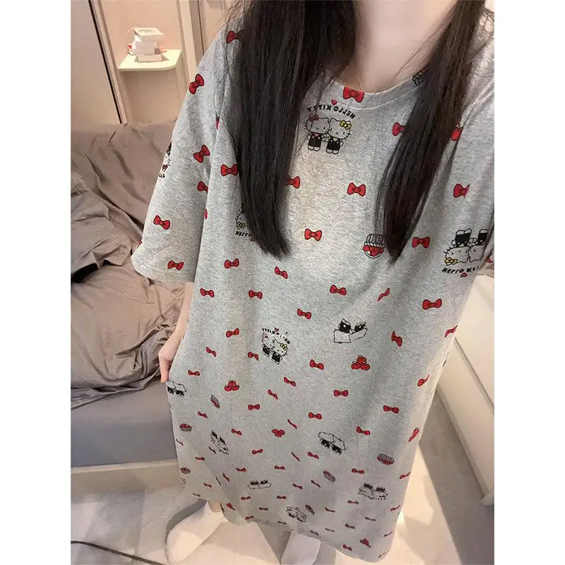 Kawaii Sanrio Hello Kitty Nightgown Anime Cartoon Short-Sleeved Long Skirt Pajamas Loose Comfortable Girls Home Wear