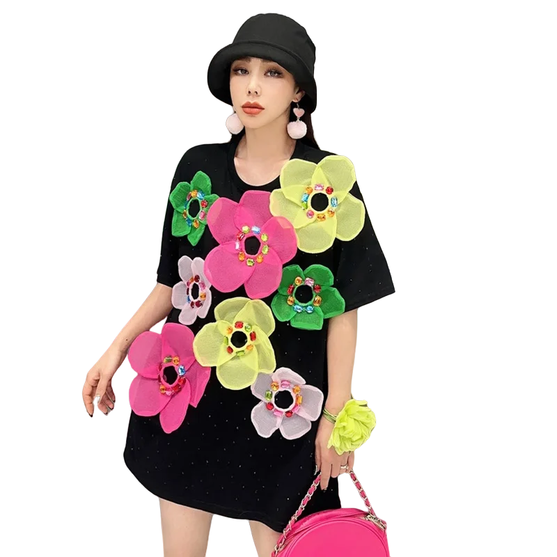 Vefadisa 2024 Summer Colorful 3D Flower T-shirt Women Base Fashion Women Wear Personalized Trendy Girl Top ZY4005