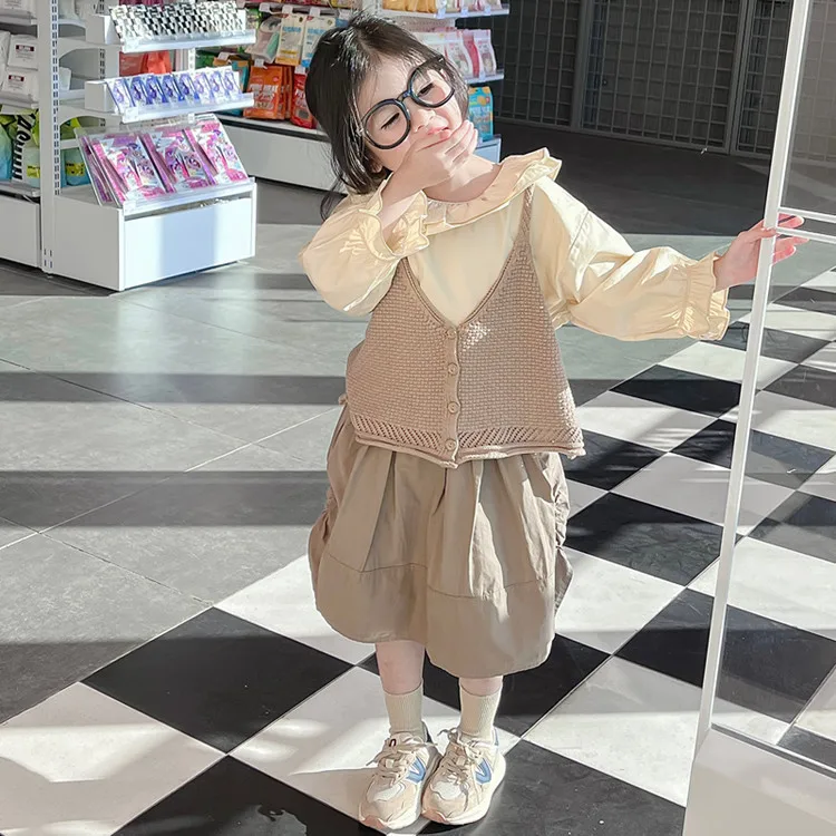 Girls' Autumn New Korean Style Children's Clothing Niche Design Double-layer Ruffled Edge Shirt Sweater Vest Cotton Skirt Set