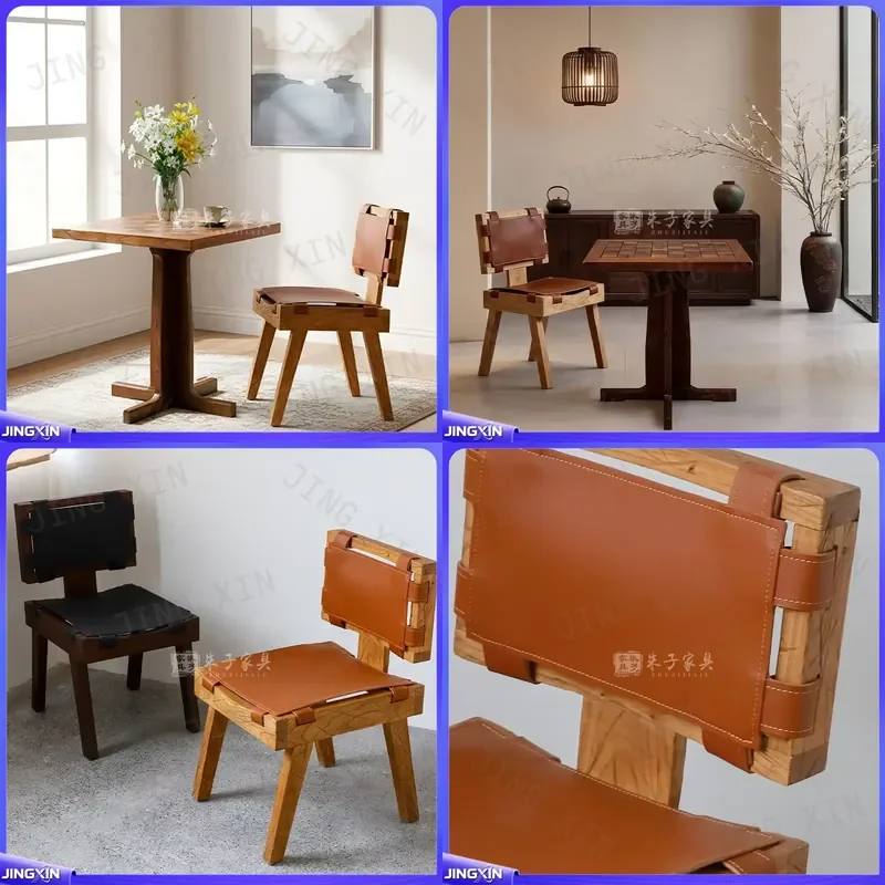 custom for Wabi Silent Wind Rattan Dining Chair Old Elm Leather Chair Solid Wood Simple Armchair Living Room Chair Homestay