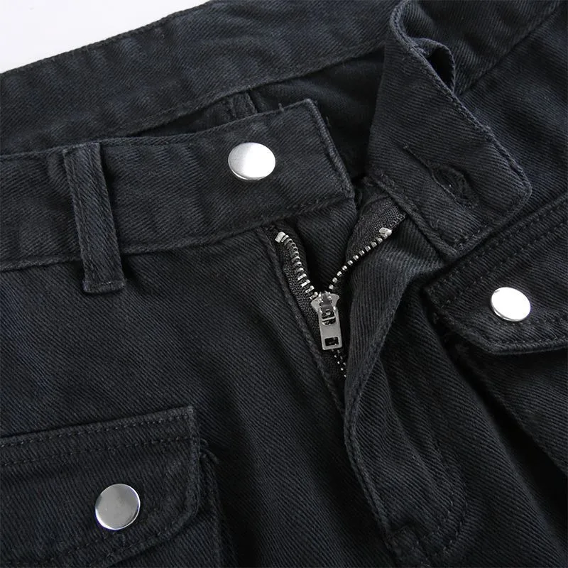Y2K Metal Button High Waisted Straight Leg Jeans Drop Crotch Print Streetwear Pants Hip Hop Cargo Denim Trousers for Women