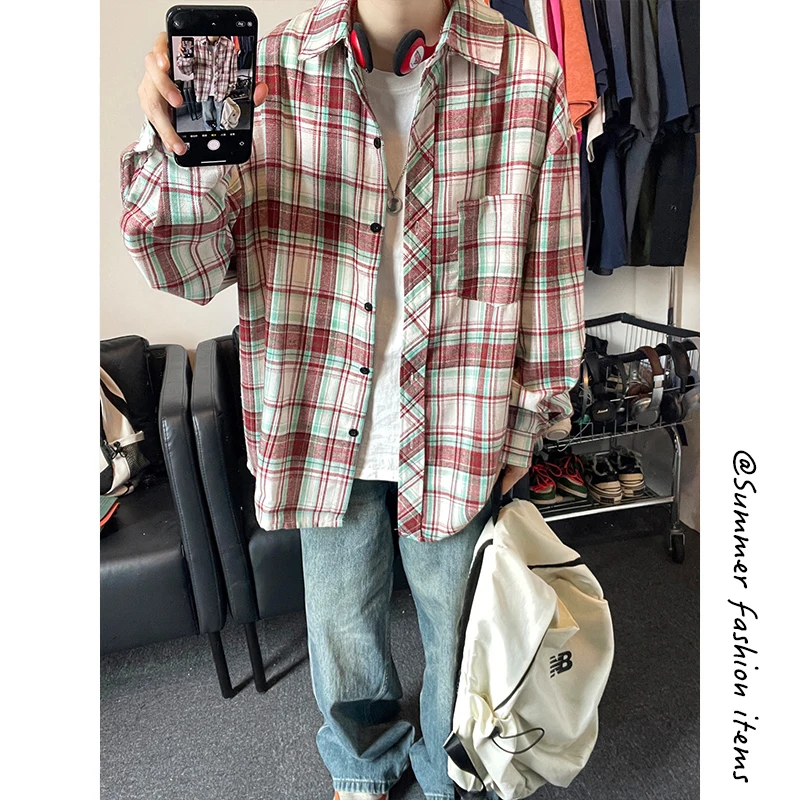 Autumn Long Sleeved Shirt Men Oversized Fashion Retro Casual Shirt Men Streetwear Korean Loose Plaid Shirt Mens Vintage Shirts