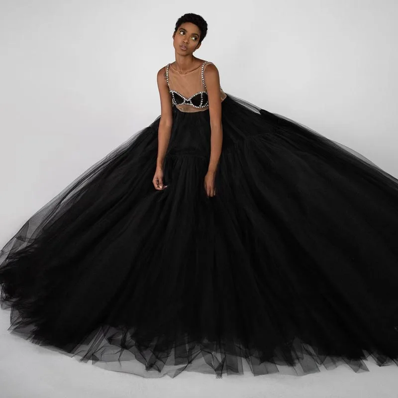 Puffy Black A-line Draped Tulle Prom Gowns For Women O Neck Sleeveless Long Formal Dress Crystal Floor Length Tulle Dresses