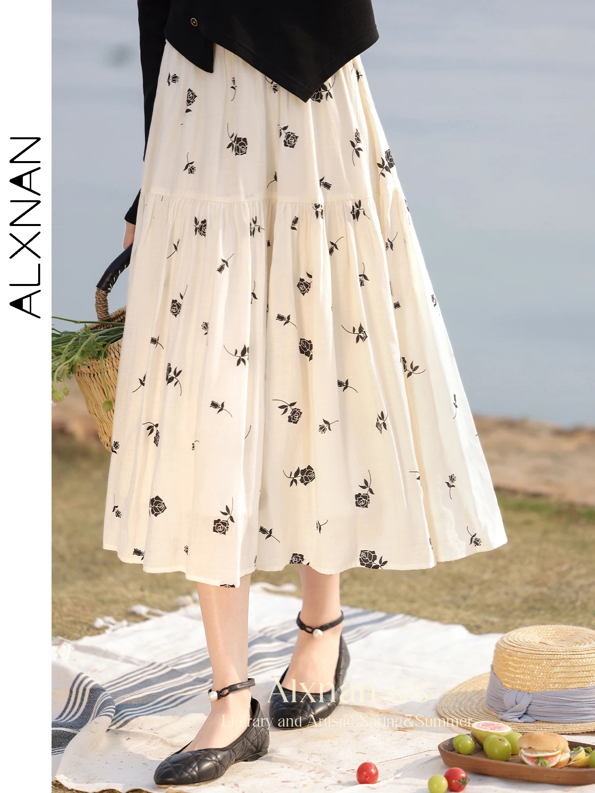 ALXNAN High Waist Floral Print Tierred Skirts for Women 2024 Female Spring Summer Elegant Sweet A Line Midi Skirt Woman L33726