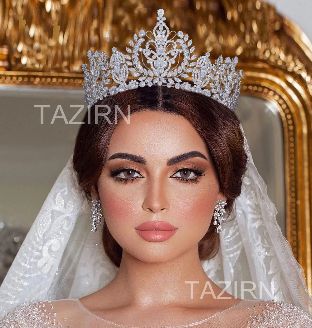 TAZIRN Full Zirconia Big Wedding Bridal Tiaras Tall CZ Princess Birthday Party Crowns Arabic Dubai Luxury Handmade Headwear Gift