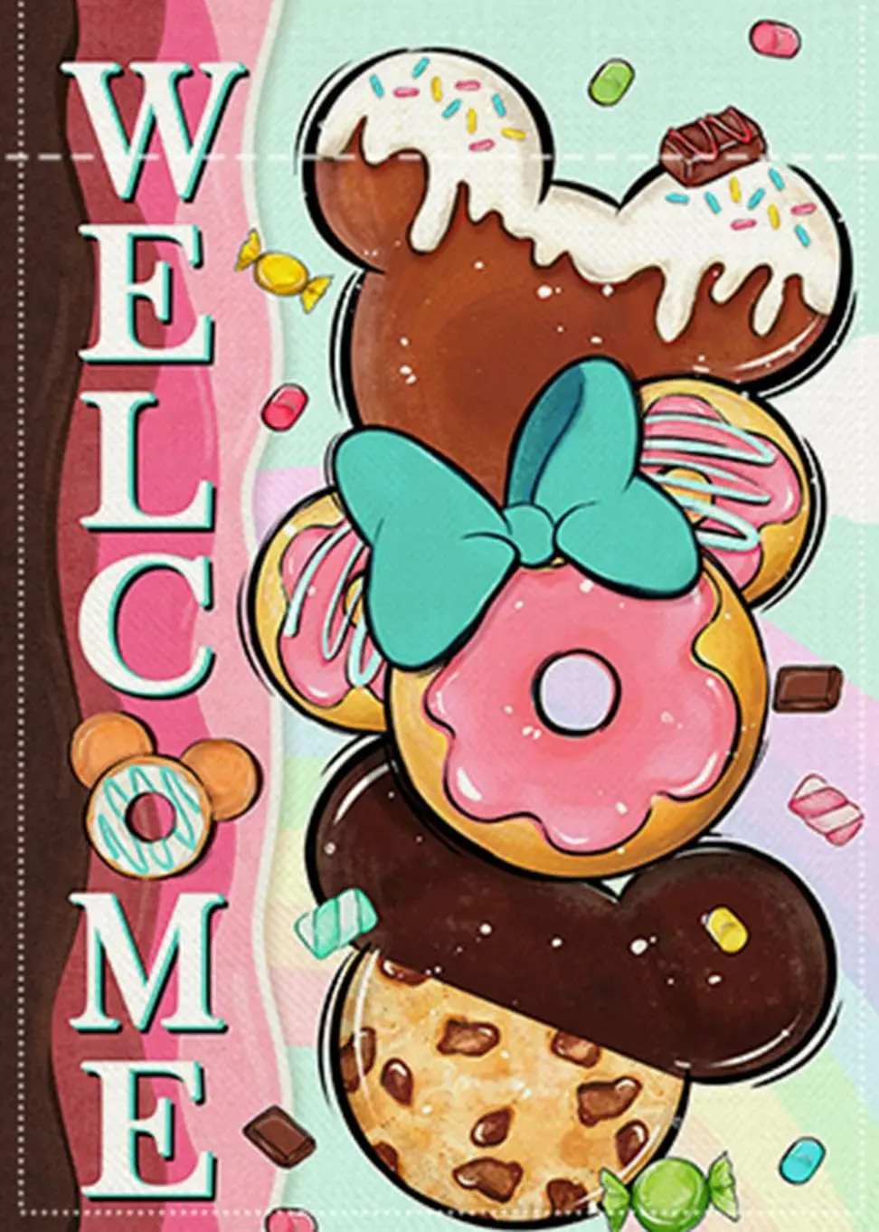 Welcome Cute Donuts Decorative Garden Flag, Pink Sweet Doughnut Chocolate Candy Yard Outside Decorations, Funny Burlap Outdo KKW