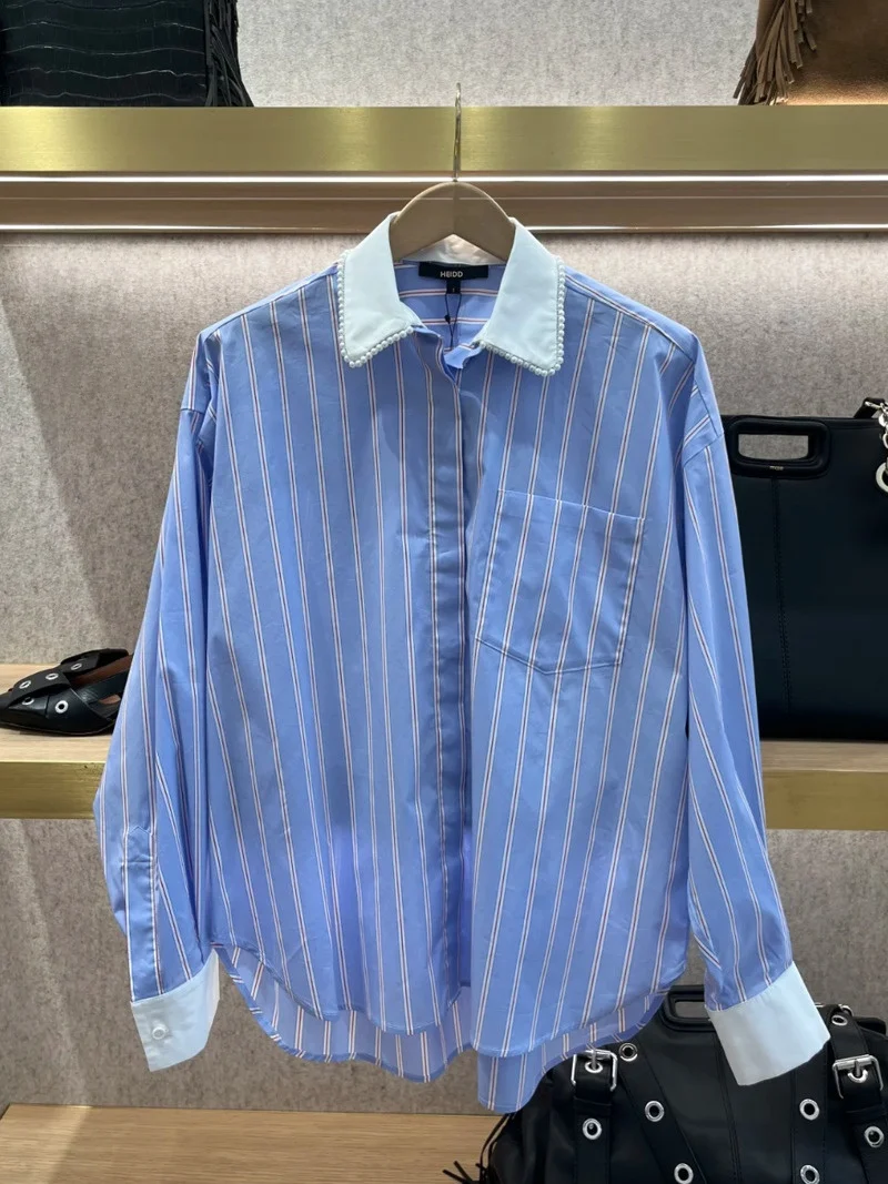 

Синий длинный све irt со съемным кружевным воротником в вертикальную полоску M, домашняя весна 2022, женская одежда, воротник на пуговицах Crt