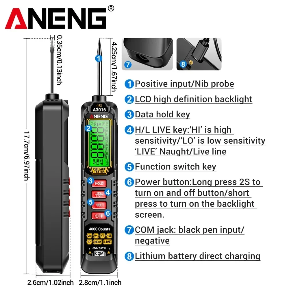 ANENG A3016 قلم رقمي متعدد 500mA قابلة للشحن تستر 4000 التهم التيار المتناوب/تيار مستمر الجهد 40MOhm NCV أدوات كاشف الاختبار