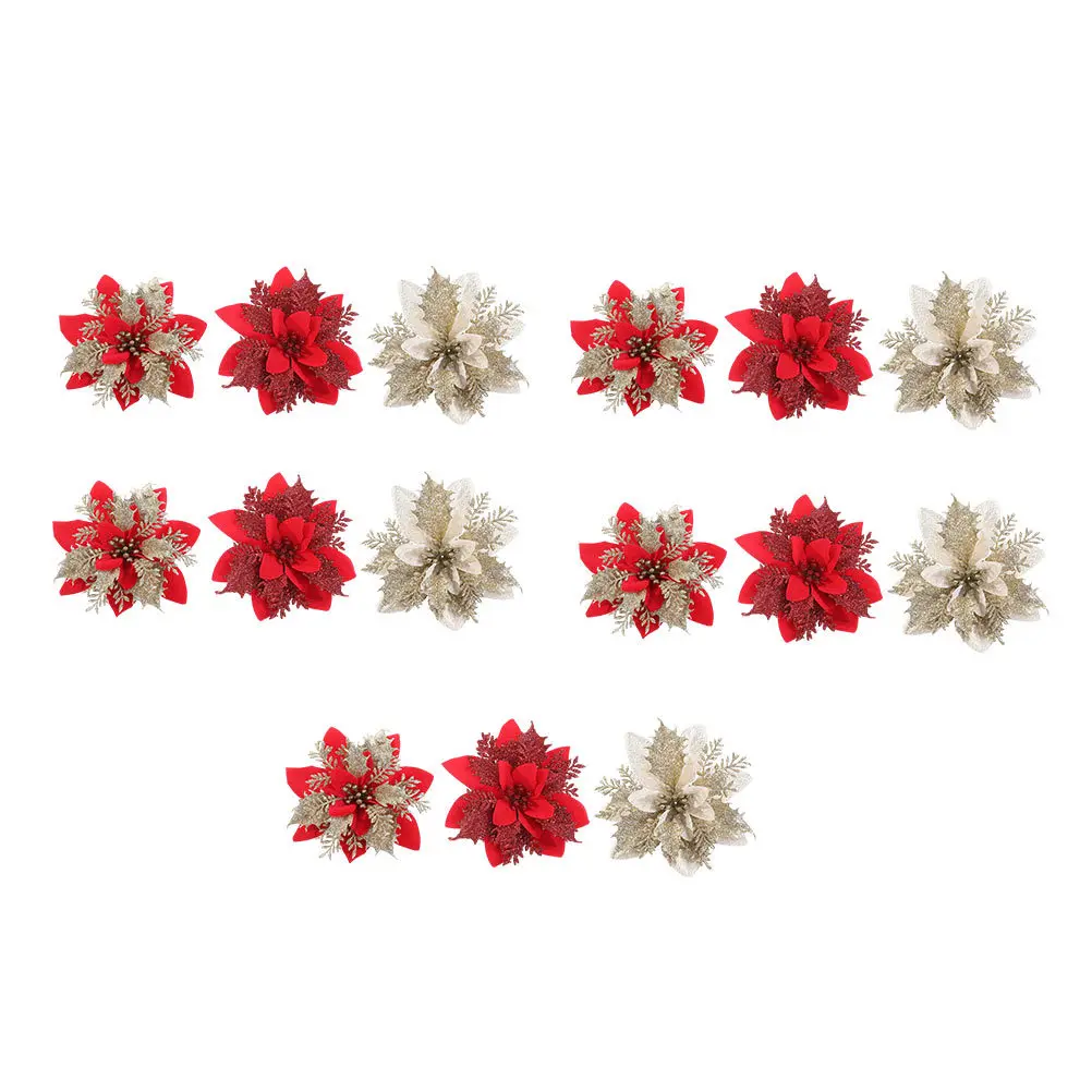 

15Pcs Christmas Simulation Flowers Artificial Decor Bright Lifelike Xmas Tree Flower Props DIY Home Party Adornments