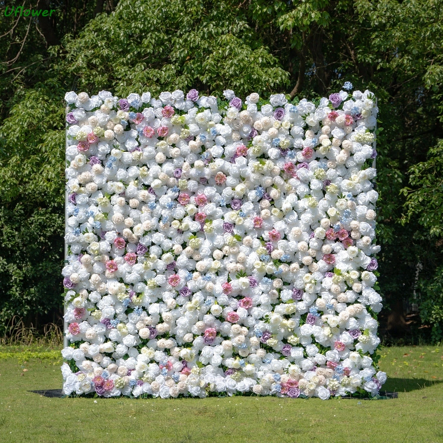 

Uflower White Rose Flower Wall Roll-Up Hanging Fabric Backdrop Artificial Floral Curtain for Wedding Event Party Decorations