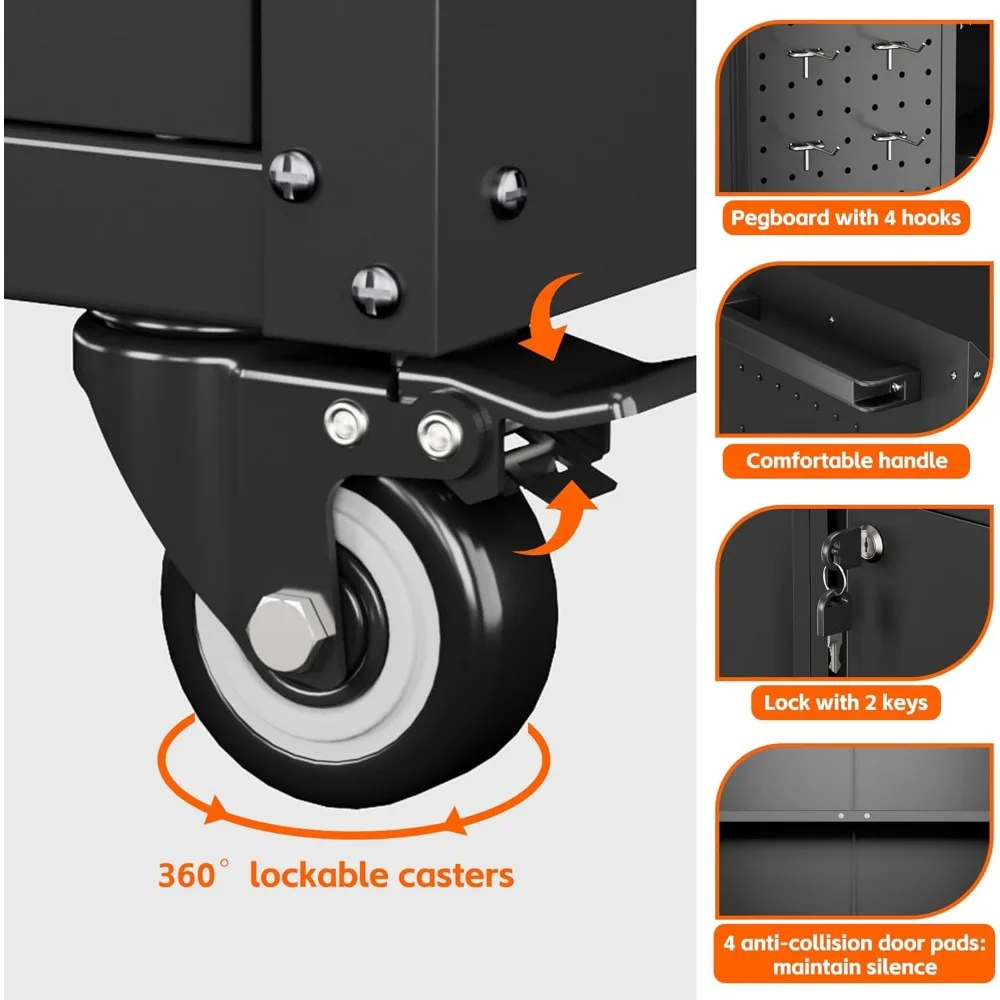 Aobabo 2-дверный металлический шкаф для хранения инструментов на колесах, запирающий стальной шкаф для инструментов на колесиках, гаражный шкаф для хранения с 1 полками, A