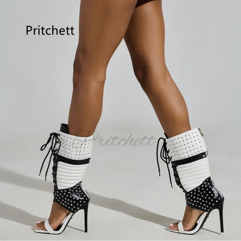 

Белые, черные сандалии-гладиаторы с заклепками, женские босоножки-гладиаторы с открытым носком на шпильке с молнией сзади, сандалии со шнуровкой и вырезами, летняя подиумная обувь