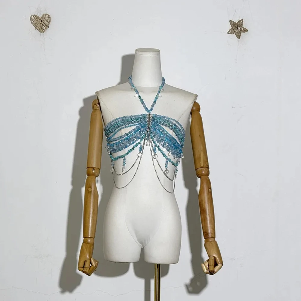 2025 New Handmade Beaded Bra Backless Hanging Neck Sexy Corset Body Chain, Hollowed Out Body Chain Fake Day Beachwear.