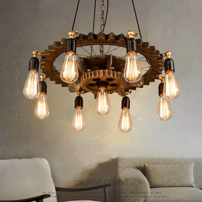 

MZISOSOD for 2026 American Retro Style Wooden Gear LED Chandelier 9 Head Bulb Pendant Light for Restaurant Bedroom Hotel
