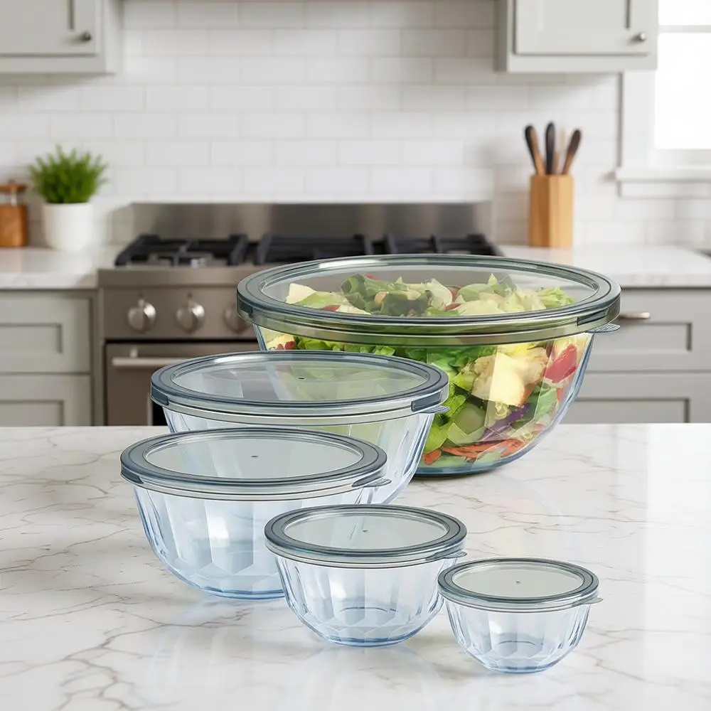 

Набор герметичных стеклянных мисок для смешивания, 5 вложенных мисок для приготовления еды, без BPA, можно мыть в посудомоечной машине, 0,5-4,4 л