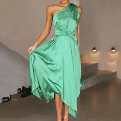 Sleeveless Waist Tight Irregular Hem High-Waist Summer Dress Skew Collar One Shoulder Pleated Midi Dress Female Clothes