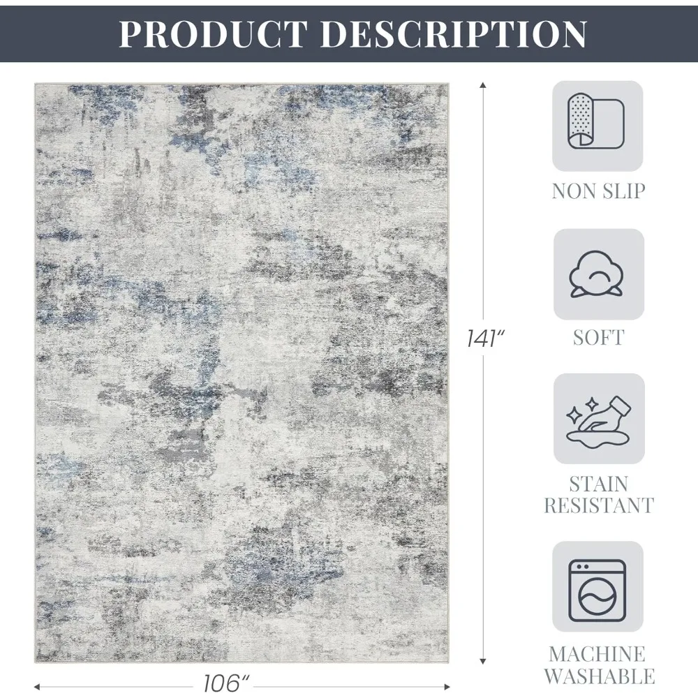 Soft Indoor Washable Rug Neutral Modern Low Pile Carpet for Bedroom Dining Room Farmhouse Home Office - Grey Blue