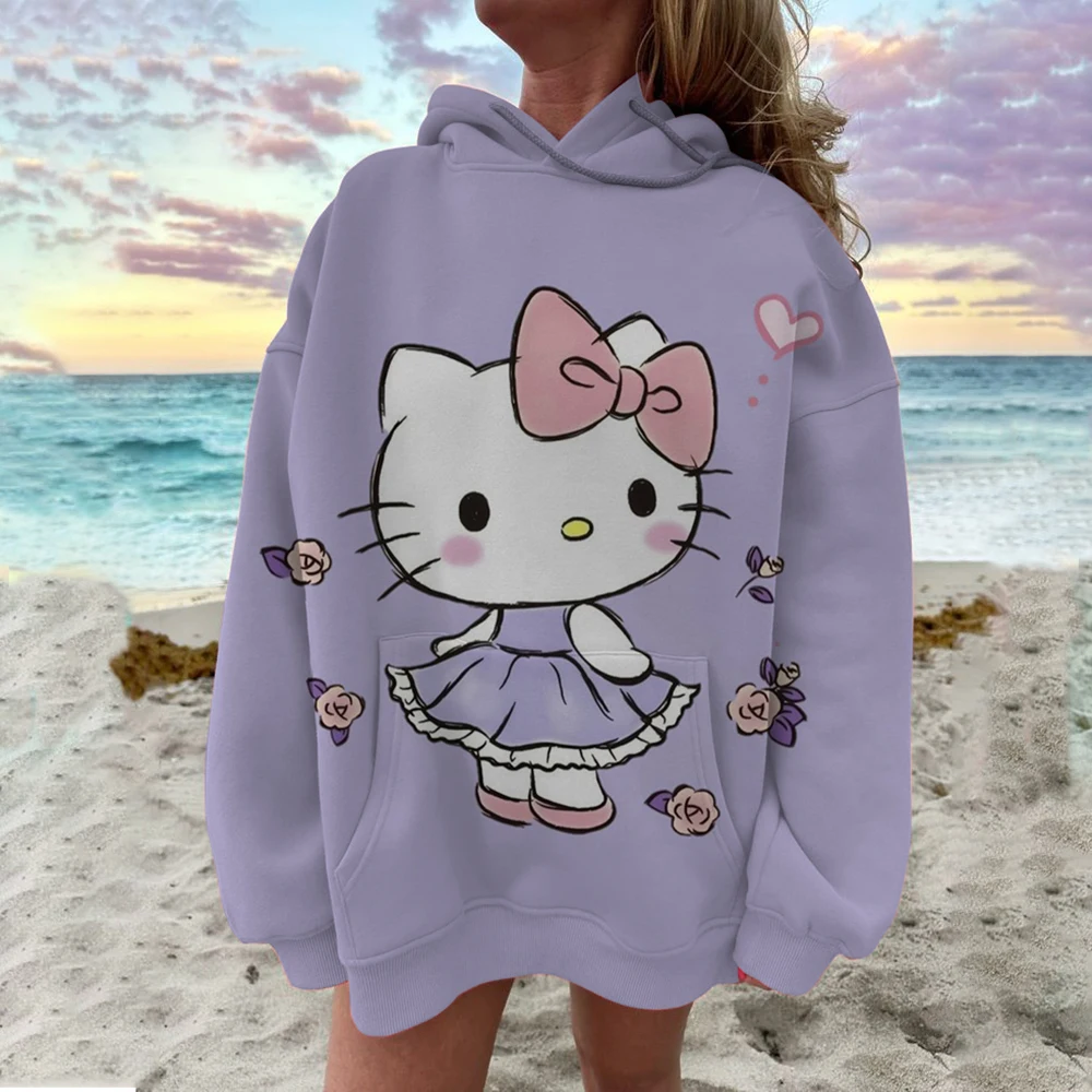 Hoodies Women Basic Hello Kitty Printed Loose Hoodie Sweatshirt Long Sleeve Kangaroo Pocket Drop Shoulder Pullovers Top