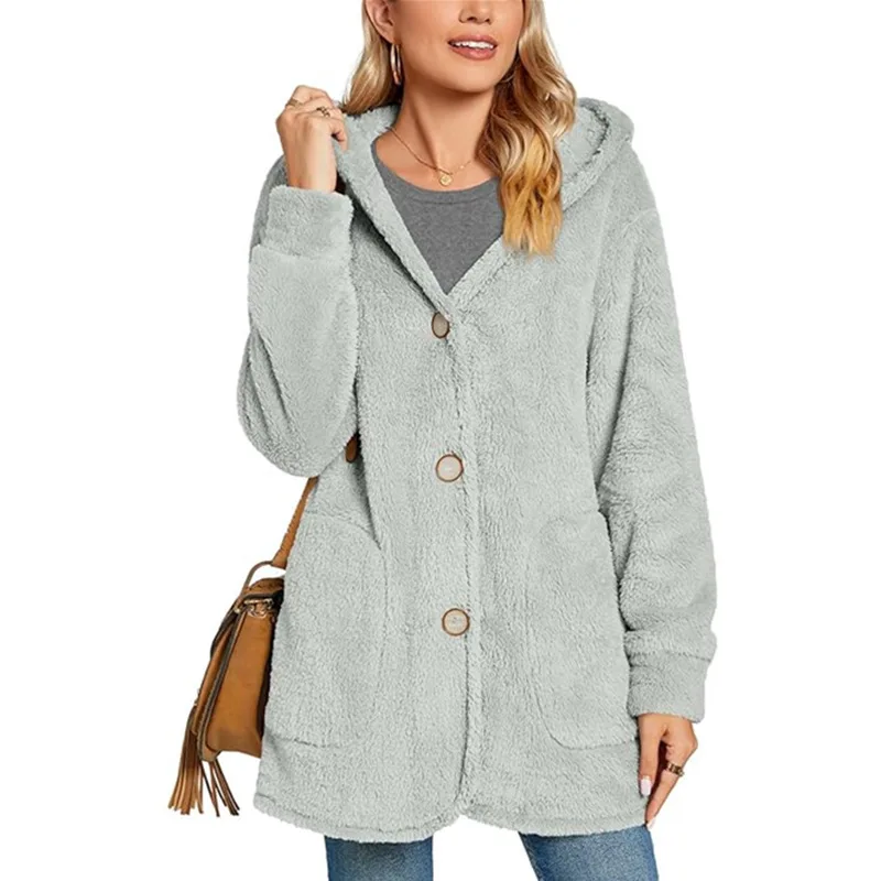 Women's Plush Hooded Button Pocket Cardigan Casual Jacket Women's Clothing