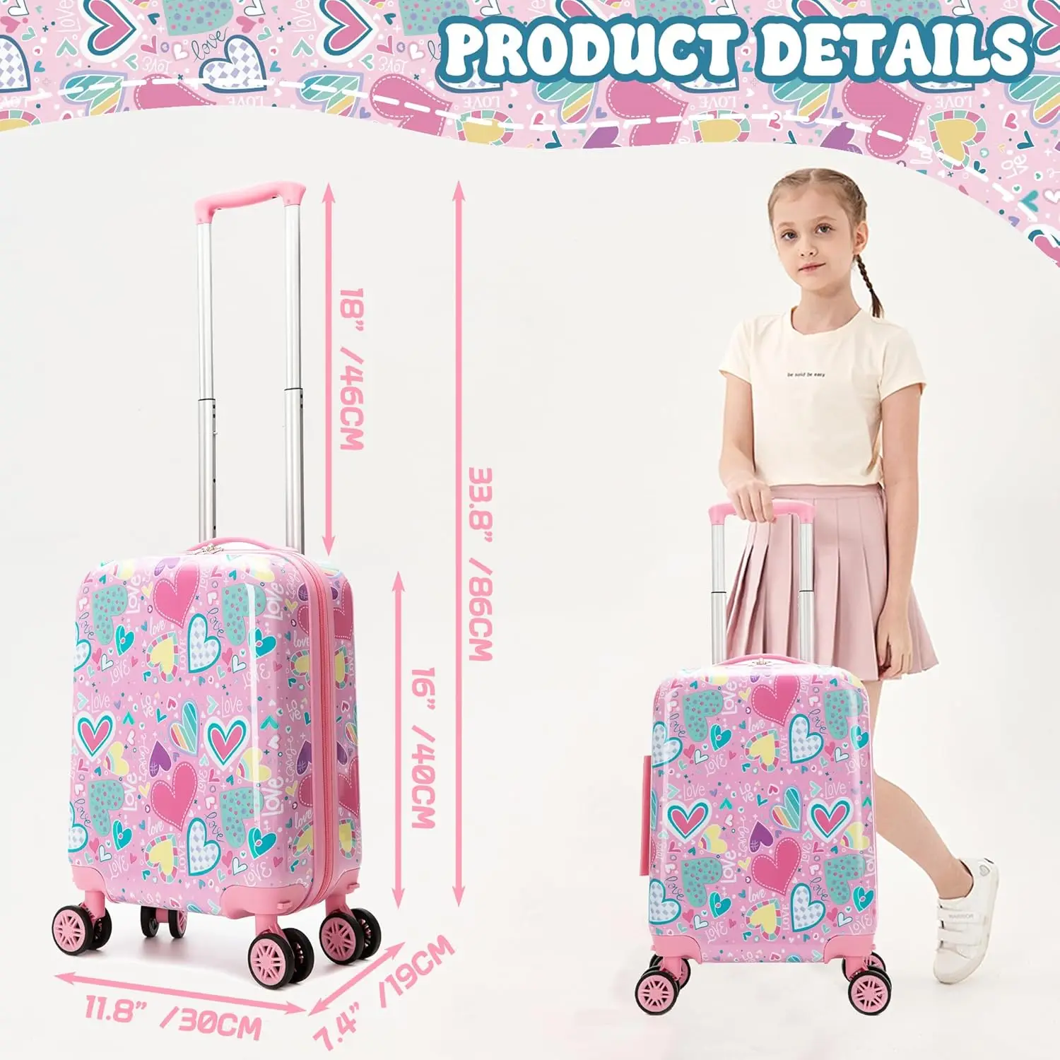 Kid's Luggage Set 16inch 2 Piece Suitcase Set Hardside Luggage with Spinner Wheels Girls Carry on Toddler Travel Rolling Suitcas