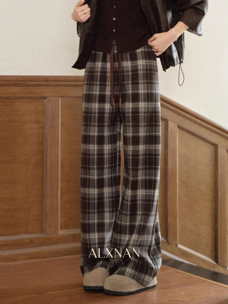 

ALXNAN Women's Trousers High-waisted Wide-leg Pants Plaid Pattern Loose Fit Draping Fabric Autumn Casual Versatile Pants L57803