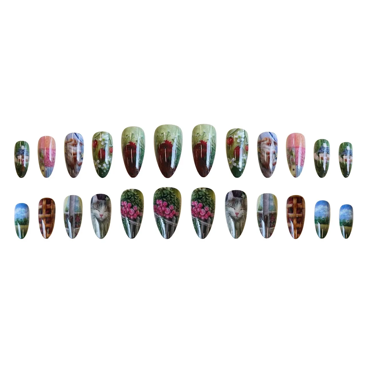 24 pièces Style pastoral amande presse sur ongles doux mignon petits animaux motif de fleur faux ongles couverture complète faux ongles conseils