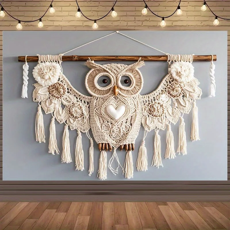 2D-Banner aus Leinwand mit böhmischem Eulenmotiv, mit Macromi-Herz, Blumendesign und Holzdetails