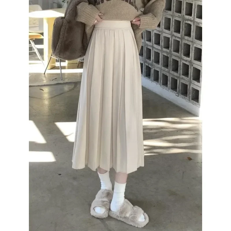 Mode lange Falten rock solide Midi Rock hohe Taille A-Linie Frauen Vintage koreanische Schulmädchen elegant lässig Herbst