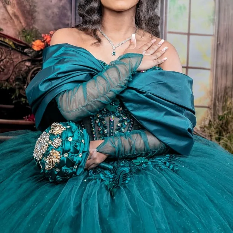 

Customized dark green Quinceanera Dresses Off the Shoulder Sequin applique Lace flower Bow Long tail Vestido 15 Quinceanera