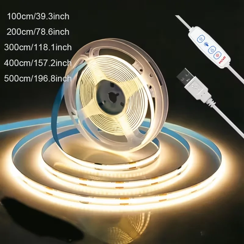 Bande lumineuse flexible COB à interface USB basse tension 5V, avec interrupteur à trois boutons, luminosité réglable, trois températures de couleur disponibles : 3000K/4000K/6500K, lumineuse mais non éblouissante, peut être coupée et personnalisée pour le bricolage.