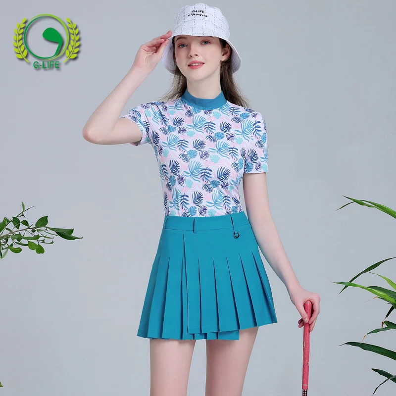 Summer Slim Pleated Golf Short Skirt Printing Sport Culottes Women Breathable Stand Collar Shirt Quick Dry Casual T-shirt Sets