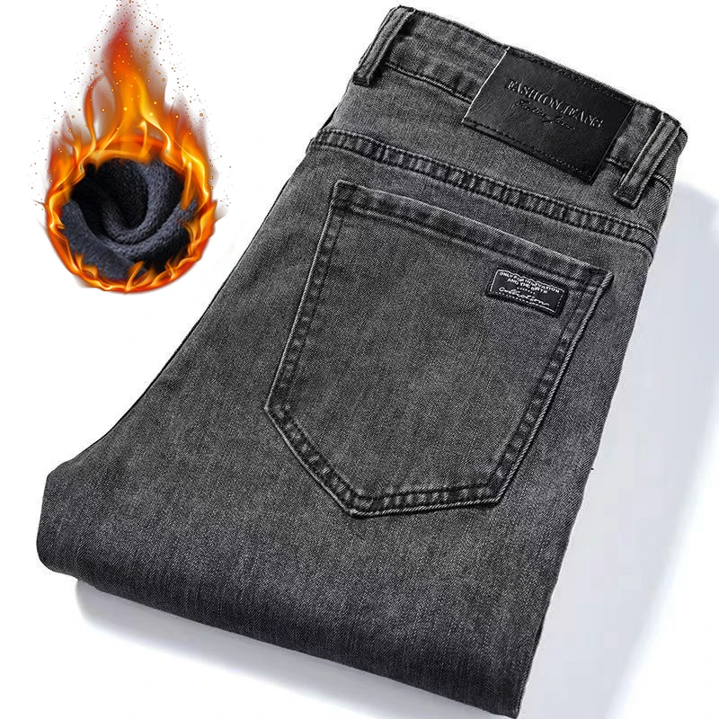 

Winter Thick Men's Fleece Jeans Business Straight Slim Plush Warm Pants Fashion Casual Male Clothes Denim Trousers