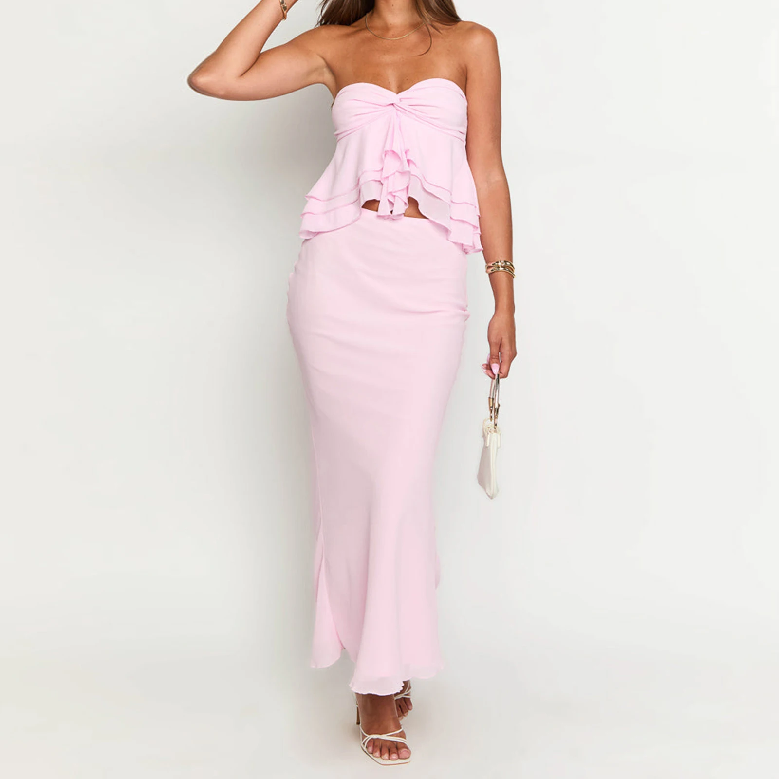 

Combhasaki Women 2Pcs Solid Color Outfits Set Layered Ruffles Strapless Twist Backless Babydoll Tube Tops+High Waist Long Skirts