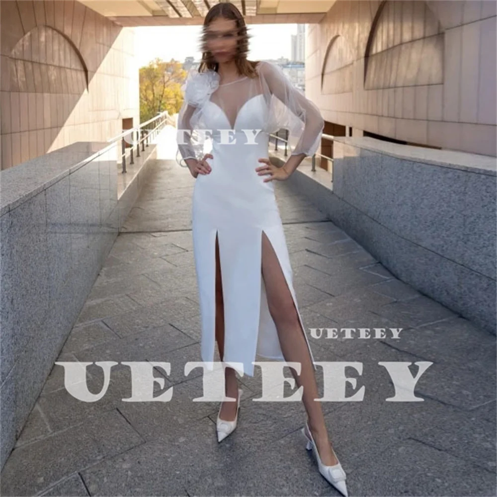 UETEEY Customized V Neck Puff Sleeves Crepe Flower Sheath Wedding Dress Women Open Back High Slit Illusion Mid-Calf Bridal Gown